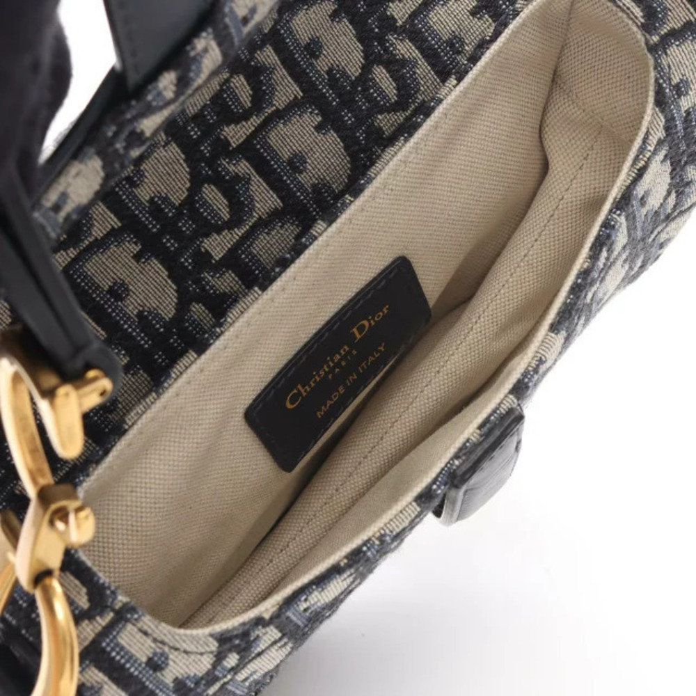 Dior Handbag Leather Navy Blue Bag Canvas Jacquard Ivory White Saddle Oblique - Picture 3 of 9